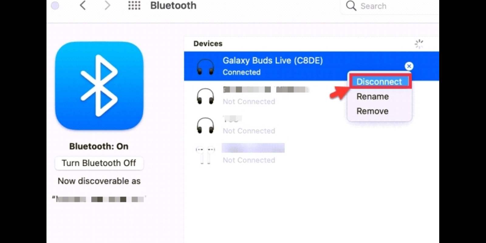 disconnecting the Galaxy Buds from Mac or MacBook
