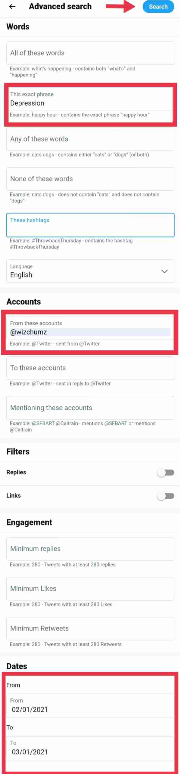 find tweets from a specific account with Advanced Search