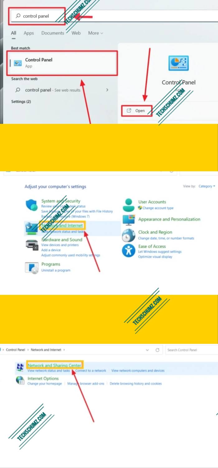 Control Panel, Network and Internet and Network Sharing Center