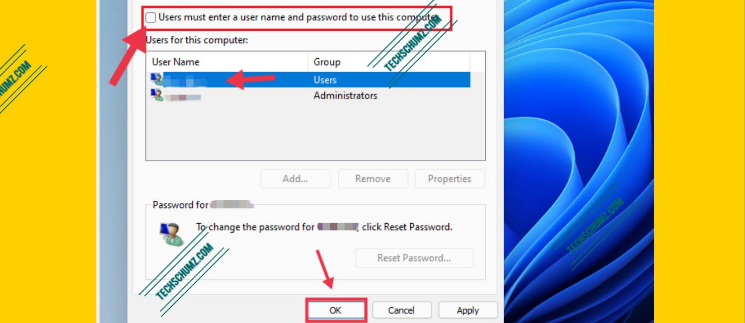 Remove login password on Windows 11 via User Accounts Panel