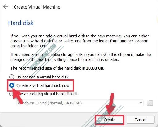Create a virtual hard disk and click Create to start creating Virtual Machine for Linux Mint on Windows 11
