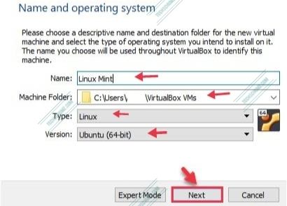 Select a name, type and version for virtual machine