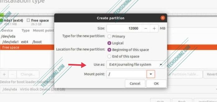 Select the created partition for Ubuntu