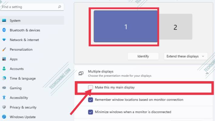 Change the primary monitor on Windows 11 via Settings