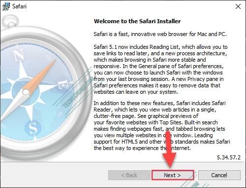 Click on Next to start installing Safari on Windows 11