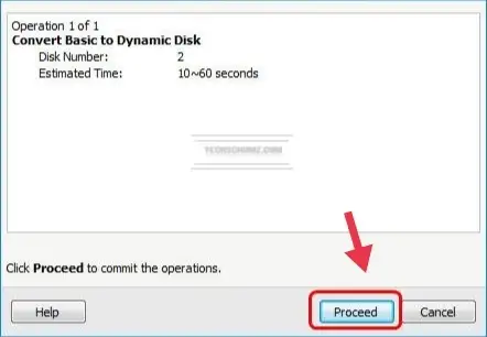 Click Proceed to start converting to Dynamic Disk
