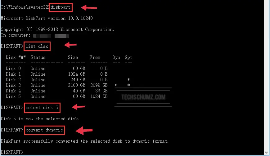 Steps convert a basic disk to a dynamic disk on Windows 11 using Command Prompt