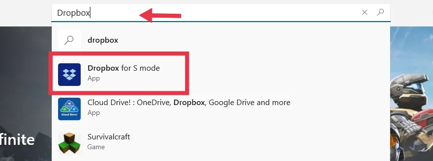 Search for Dropbox in Windows 11 Microsoft Store