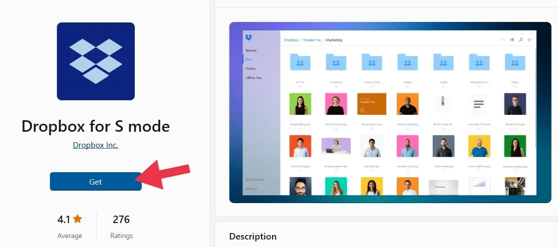 Click on Get to install Dropbox on a Windows 11 PC