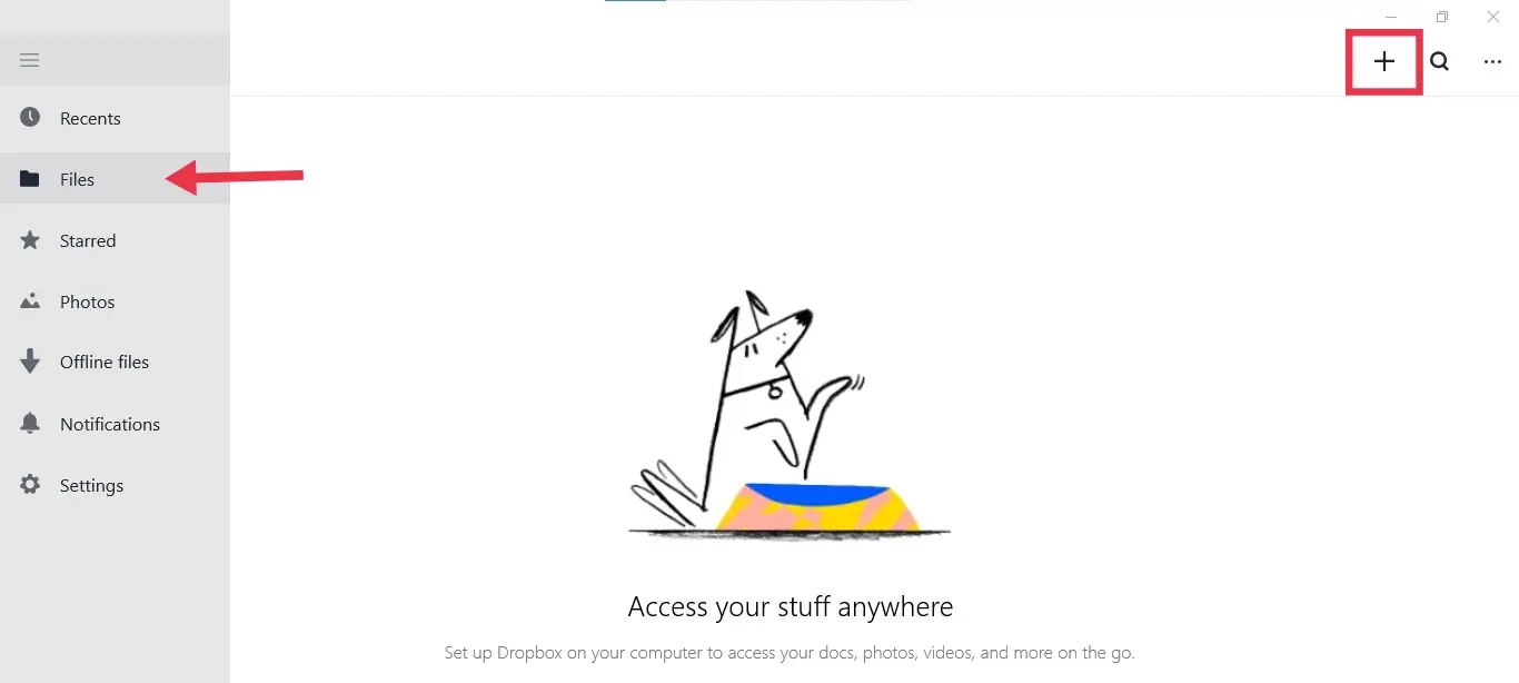 Click on Plus sign to create a folder on Dropbox on Windows 11