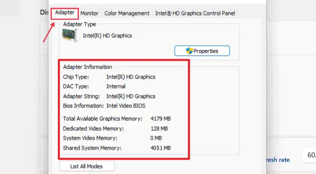 Find graphics card details on a Windows 11 laptop using Settings