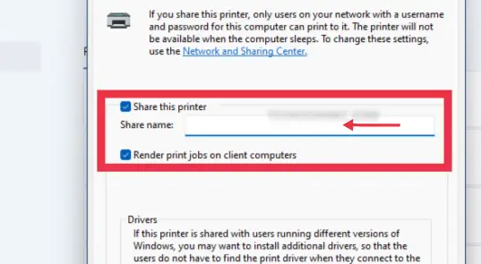 Enter a name and share your printer on Windows 11 over your network