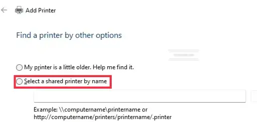Use the shared printer name to connect to it