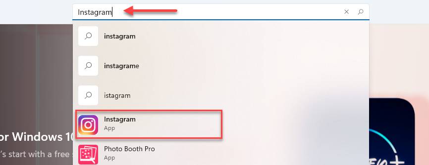 Search for Instagram in Microsoft Store