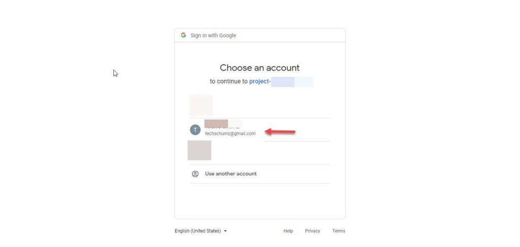 Choose your Google Account to continue with project