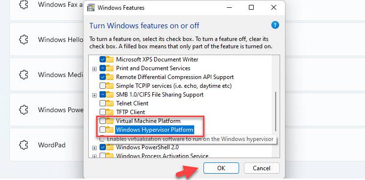 Enable Virtualization Using Windows Features