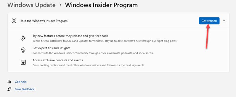 Click Get started to sign up for Windows Insider Program