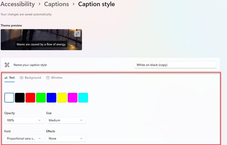 change closed captions settings on Windows 11
