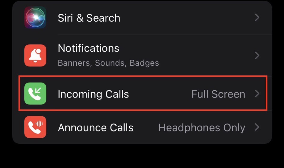 Tap on the “Incoming Calls” to add a full-screen caller ID on iOS 15
