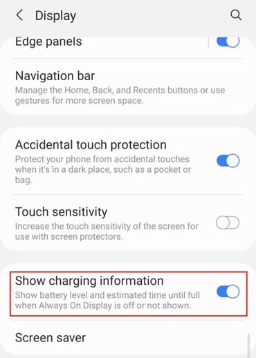 enable Show charging information to show charging information on lock screen in Samsung