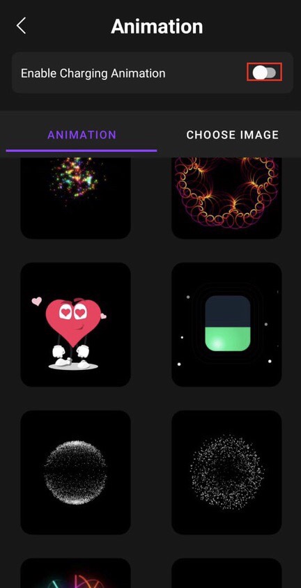 Enable charging animation by pressing the turn button and choose animation to add charging Animation on Android phones 