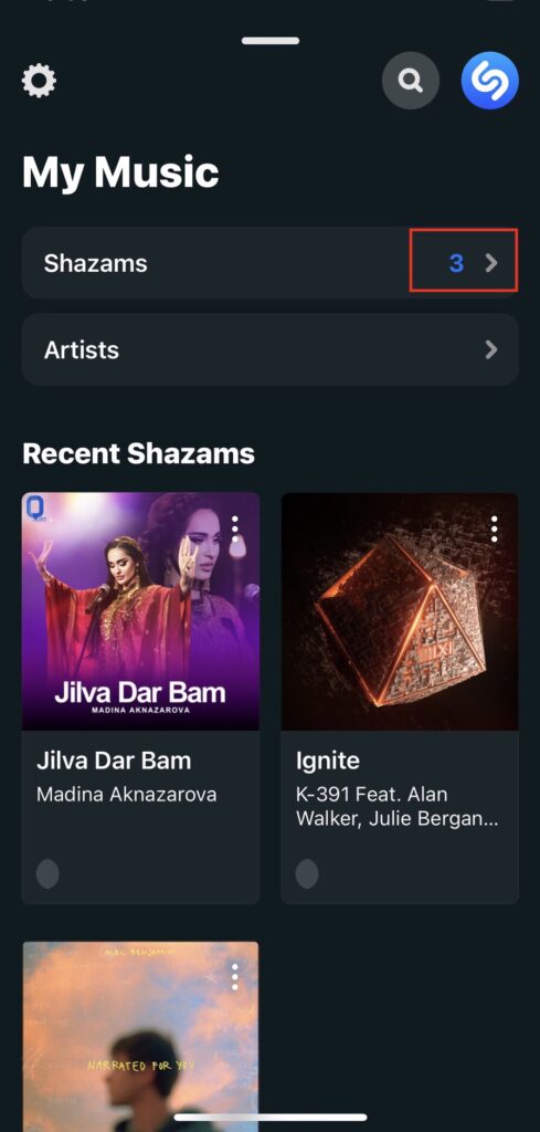after swiping up the page you get to view entire shazam song history on iPhone