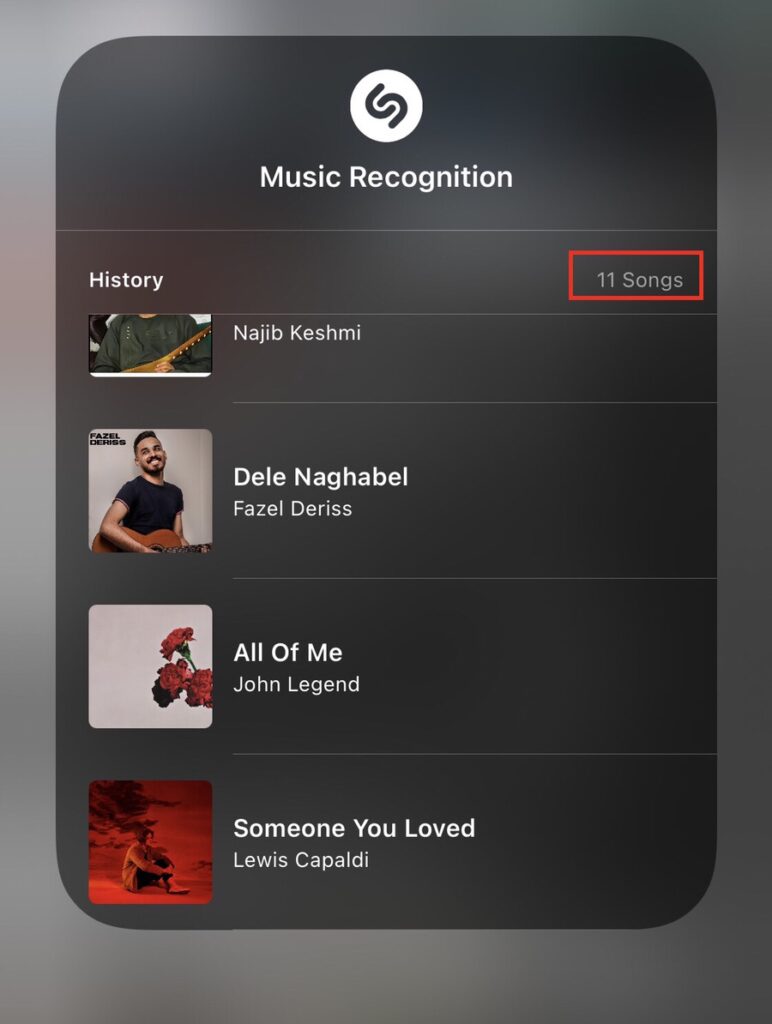 Now you have found the song history you shazamed via Control Center 