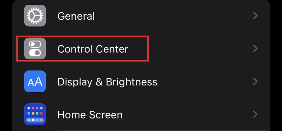 Select the Control Center from the settings
