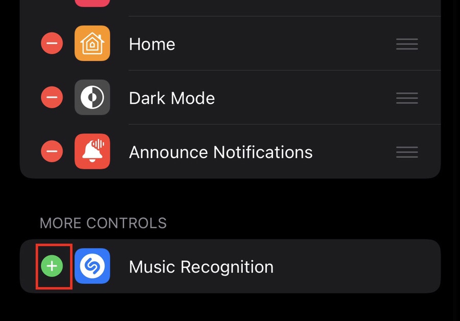 Tap on the + sign to add music recognition on Control Center