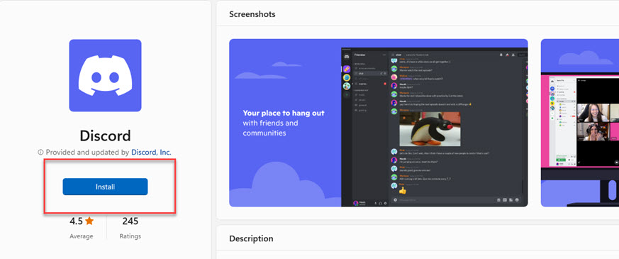 Click on the Install button to install Discord on a Windows 11 PC