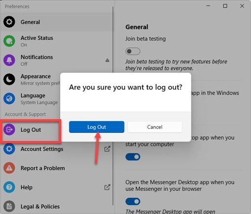 Logging out of Facebook Messenger app on Windows 11