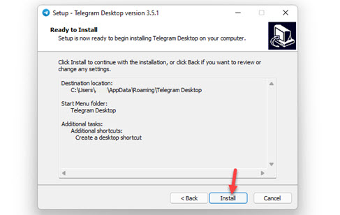 Click Install to start installing Telegram on your PC