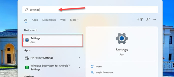 Open Settings on Windows 11