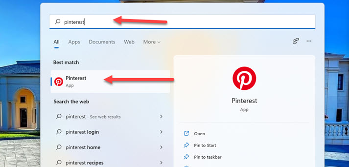 Search for Pinterest in Start Menu