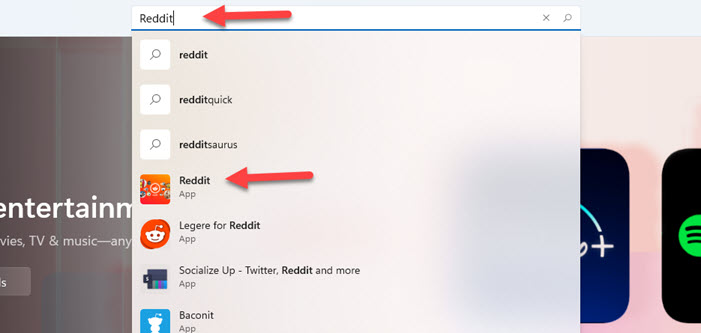 Search for Reddit on Microsoft Store
