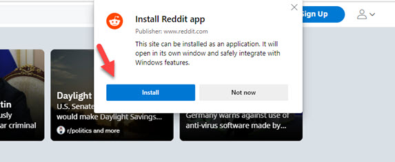 Install Reddit using Microsoft Edge on Windows 11