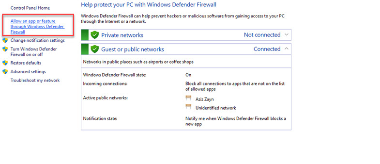 Allow an app or feature through Windows Defender Firewall