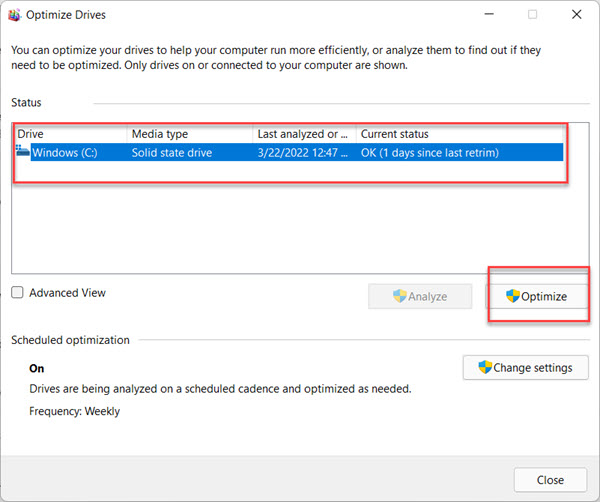 Click Optimize to Defrag hard drives on Windows 11