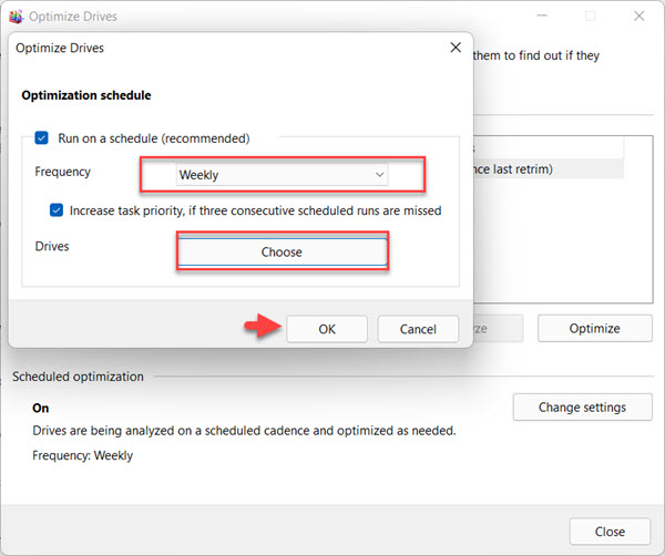 Select Optimization schedule to automatically defrag Windows 11 hard drives