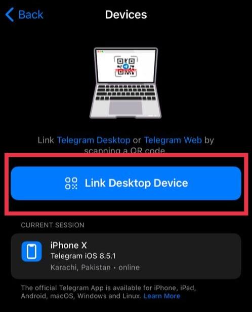 Link Desktop Device by scanning the QR code on Telegram Desktop