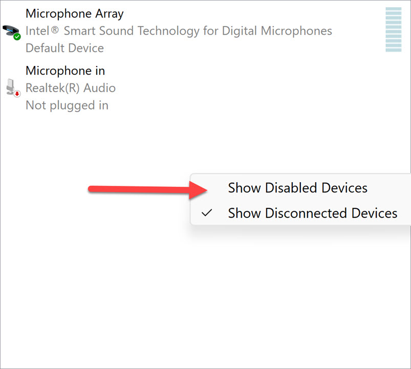 Right-click and select Show Disable Devices