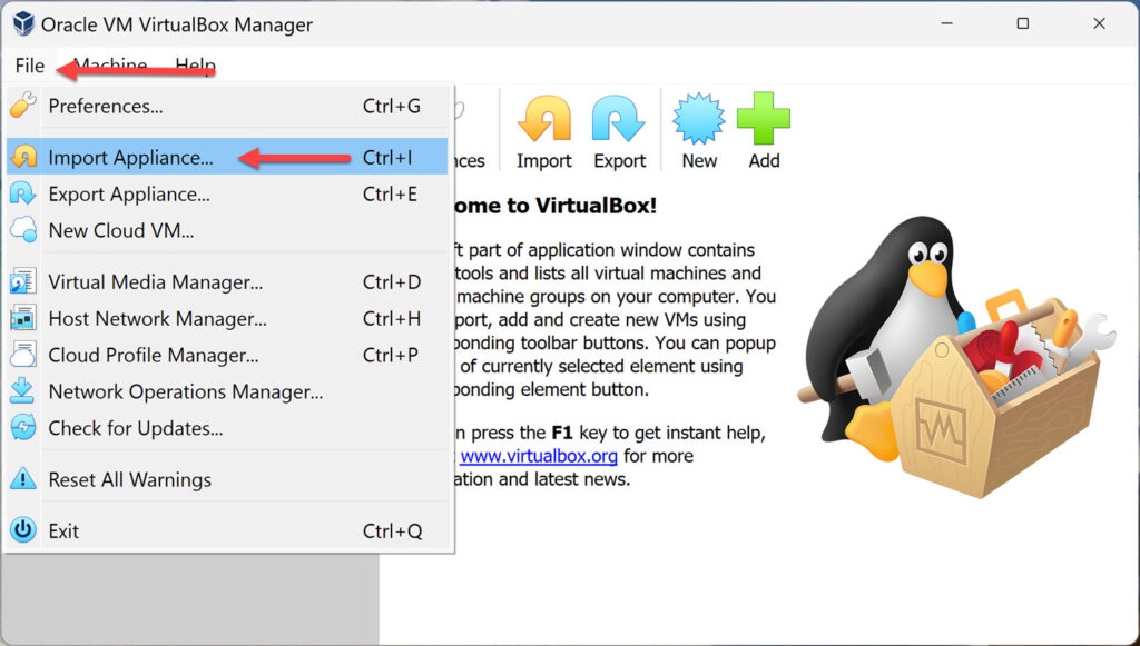 Go to File and select Import Appliance