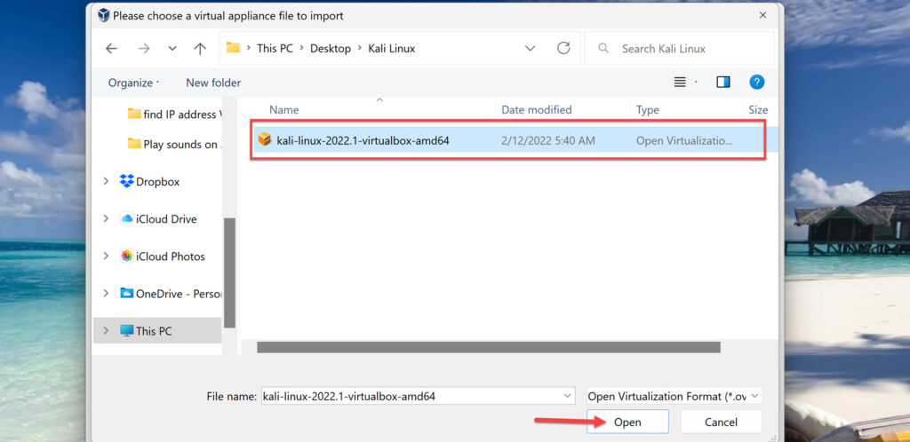 Open Kali Linux OVA file
