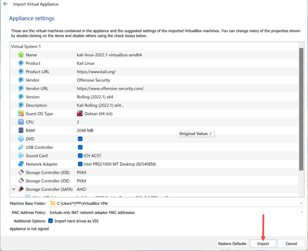 Here check the Appliance settings and click Import