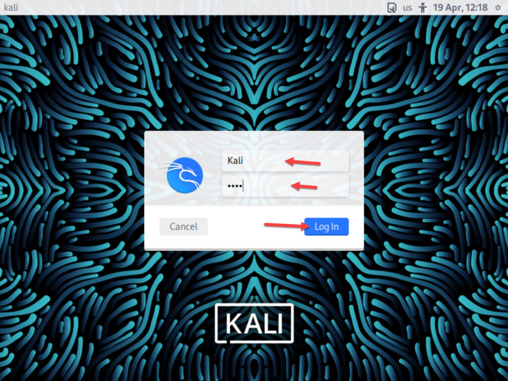 Input the username and password to sign in to Kali Linux