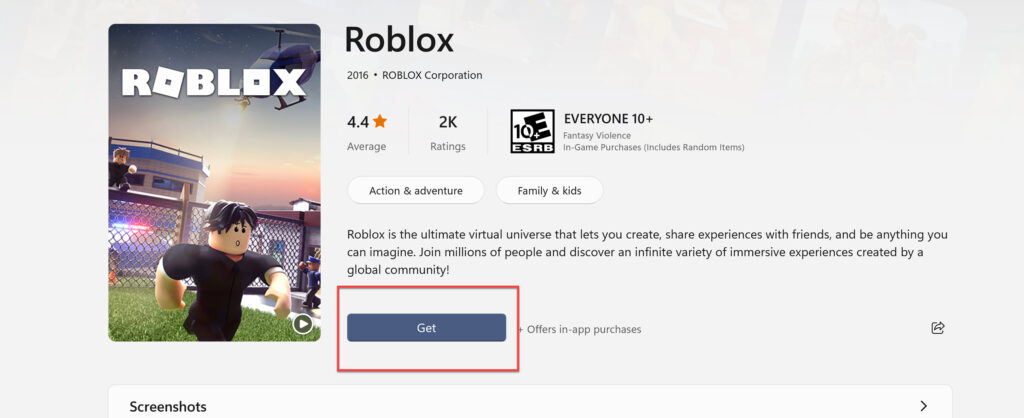 Click Get to install Roblox on your Windows 11 PC