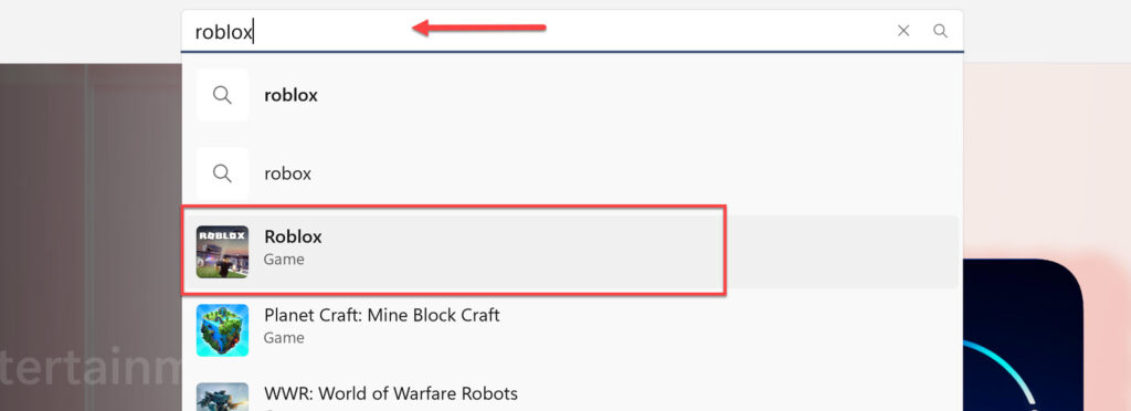 Search for Roblox in the Microsoft Store