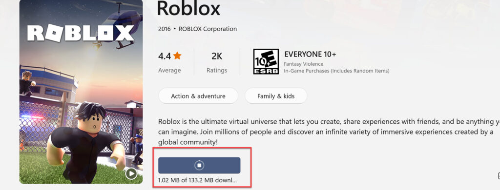 Roblox is downloading from Microsoft Store