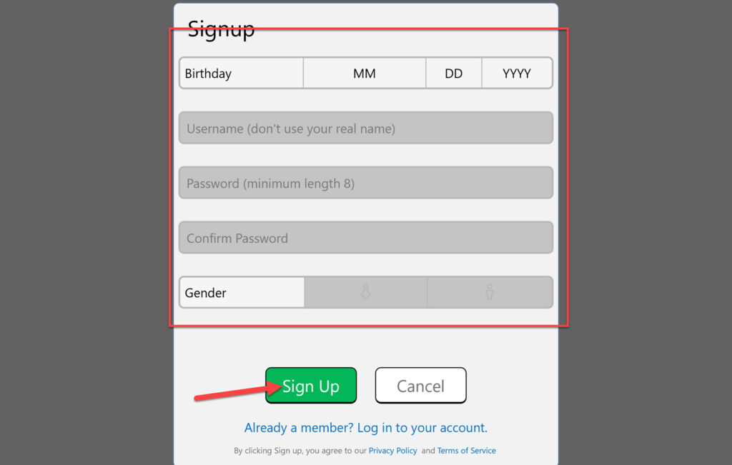 Fill in the required information, and click Sign Up