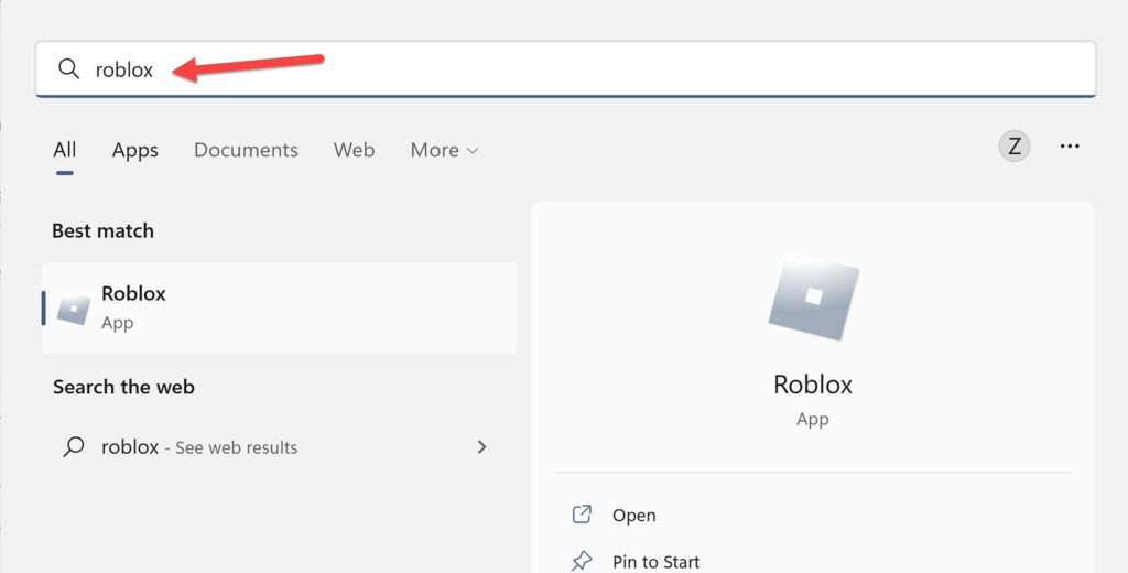 Search for Roblox on Start Menu